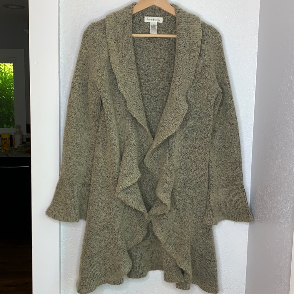 Susan Bristol Wool-Blend Ruffle Cardigan Sweater Taupe Heather Boho Neutral M